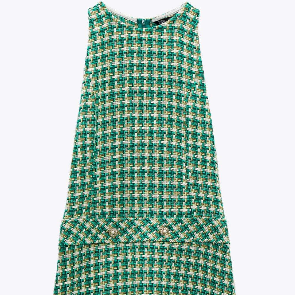 ZARA WOMAN NEW HOUNDSTOOTH TEXTURED PINAFORE DRESS GREEN SIZE XS EXTRA SMALL NWT - Picture 7 of 9